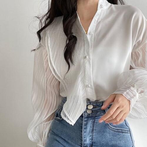 QOERLIN See Through Mesh Sleeve Stand Collar Shirts Fashion Woman White Tops Blouse Button Up Boho Long Sleeve Blouse Ladies