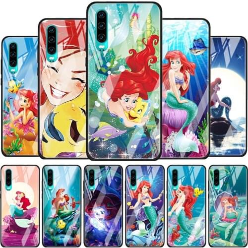 Mermaid Disney Princess Cute for Huawei P40 P30 Pro Plus P20 P10 Lite P Smart Z 2021 2020 2019 Luxury Tempered Glass Phone Case