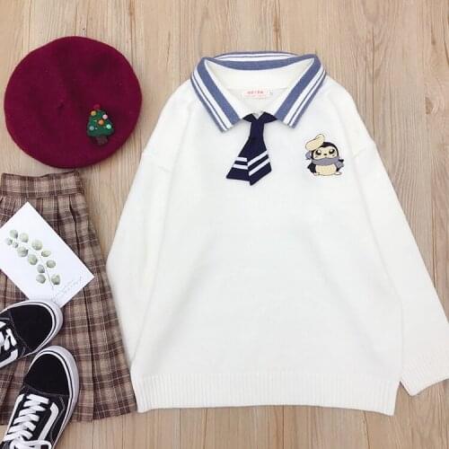 Christmas Penguin Cute Womens Preppy Style Knitted Sweater Pullovers with Neckt Tie Long Sleeve Fall Winter 2018 Autumn