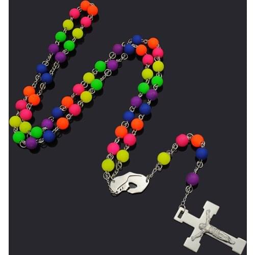 Dolaime Punk 8mm rosaries colorful beads cross jewelry stainless steel men women Religion Virgin Mary Necklace GRN57