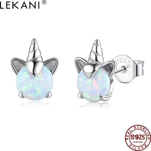 LEKANI 100% 925 Sterling Silver Unicorn Opal Stud Earrings For Women Wedding Small Earring Fine Anniversary Jewelry New Arrival