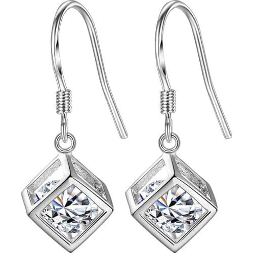 Ociki Cubic Zirconia Silver Color Cube Crystal Earring Hook Jewelry for Women Girls Gift Drop Shipping Fashion Jewlery Geometric