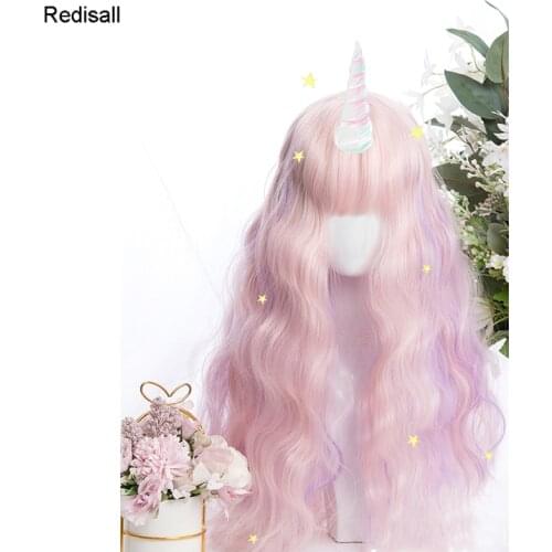 Mixed Pink Purple Harajuku Lolita Wig Curly Sweet Long Creamy Body Wave Cute Synthetic Hair Fringe Bangs Adult Girls