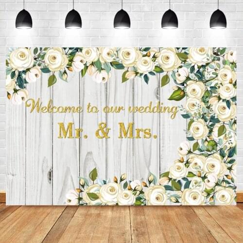 Laeacco Mr.＆ Mrs. Wedding Customized Wooden Board White Flowers Poster Stage Photo Backdrop Photographic Background Photocall