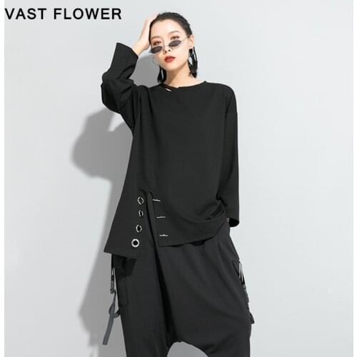 Irregular Split Black Vintage T-Shirt Women Long Sleeve Loose Fit Casual T Shirt Femme Tops Fashion Clothes Spring Autumn 2021