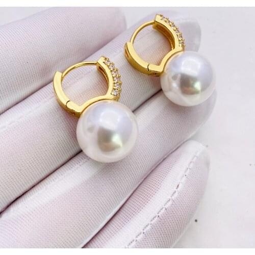 Women round pearl gold plated inset zircon shiny earrings hoop