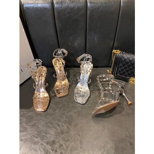 One Word Buckle Transparent Rivet Stiletto Ladies Sandals Summer Roman Style Sexy Fashion Open-Toed Temperament High Heels
