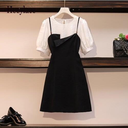 Plus size women Summer two piece set korean short sleeve o neck blouse and straped slash neck midi dresses suits for women sets