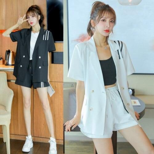 2021 Summer Women Fashion Two Piece Shorts Jacket Set Double Breasted Notched Formal Womens Clothing White Black Work Wear