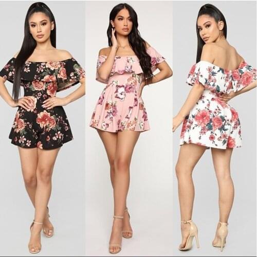 Summer New Style Womens Playsuits Floral Ruffles Short Sleeved Slash Neck Jumpsuit Casual Shorts