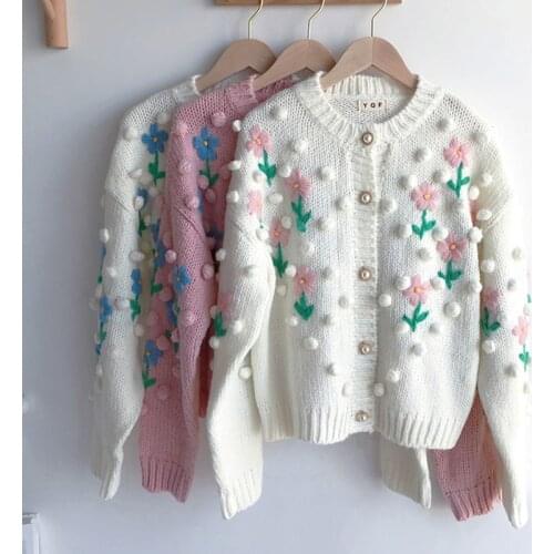 Embroidered Flower Spring Autumn Vintage Knitting Knitted Cardigan Coat Embroidered Wool Ball Sweater Tops Female Pull Femme
