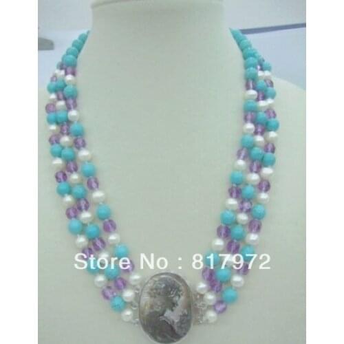 Woman 3 rows necklace light blue bead purple crystal white pearl mixed natural freshwater pearl necklace beauty clasp
