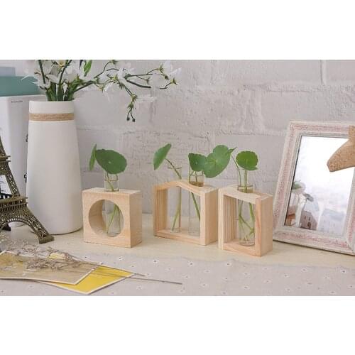 1PC Nordic Vintage Creative Hydroponic Plant Transparent Vase Wooden Frame Vase for Glass Tabletop Plant Bonsai Decor JL 223