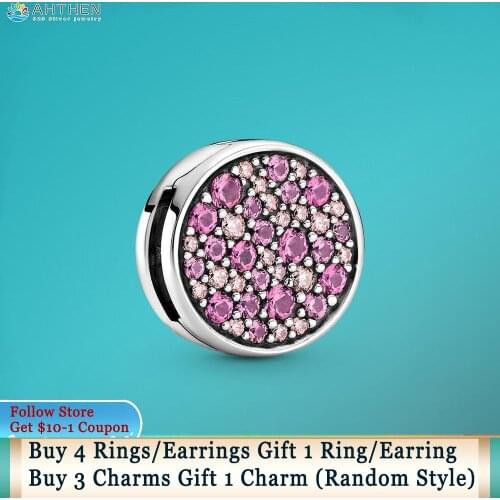 Ahthen 925 Sterling Silver Charm Pink Pavé Clip Charm fit Original Pandora Bracelets for Women Jewelry Making Girl DIY Jewelry