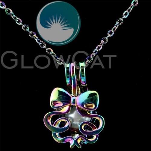 C268 Rainbow Color Bowknot Ribbon Beads Cage Essential Oil Diffuser Aroma Stone Pearl Cage Locket Necklace