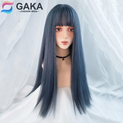 GAKA Long Synthetic Cosplay Wig for Women Party Long Straight with Bang Bob Lolita High Tempreture Blue Hair