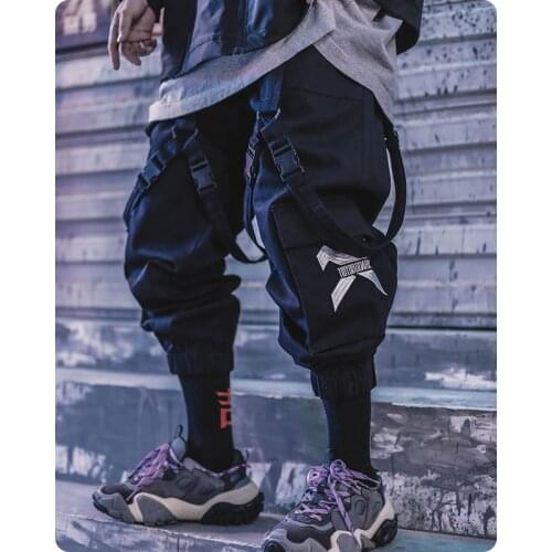 Mens clothes Multi war zone functional wind legged pants large pocket casual Ribbon Harajuku fashion Overalls Street dress