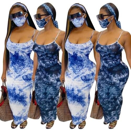 Summer Sexy Long Dress Women Sleeveless Blue Sundress Party Night Backless Slim Fit Bodycon Dress with Face Mask and Headscarf