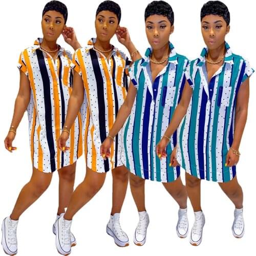 Summer Shirt Dresses Women Short Sleeve Casual Strip Dot Print Mini Dress with Pocket Wholesale Lounge Wear Outfit Dropshipping
