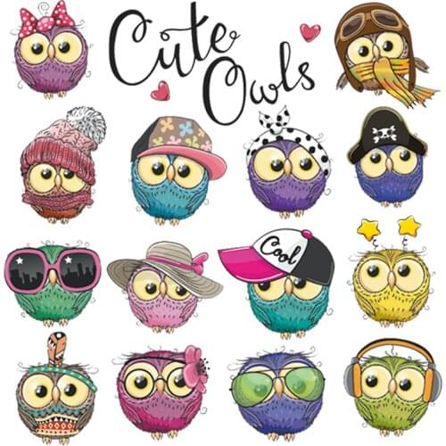 Owls Set Patch Iron Cartoon Styles Heat Transfer Stickers Clothes Diy Accessory Fashion Iron On Letter Patches14Pcs/Set