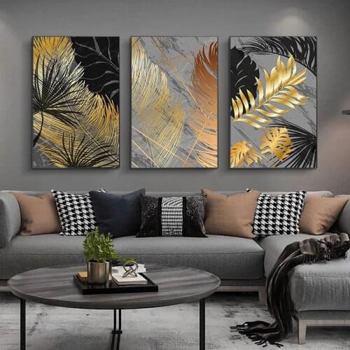 Cold Rain-prints Scandinavian Style Poster Golden Leaf Art Plant Abstract Painting Nordic Turtle Leaf Pictures Canvas Painting