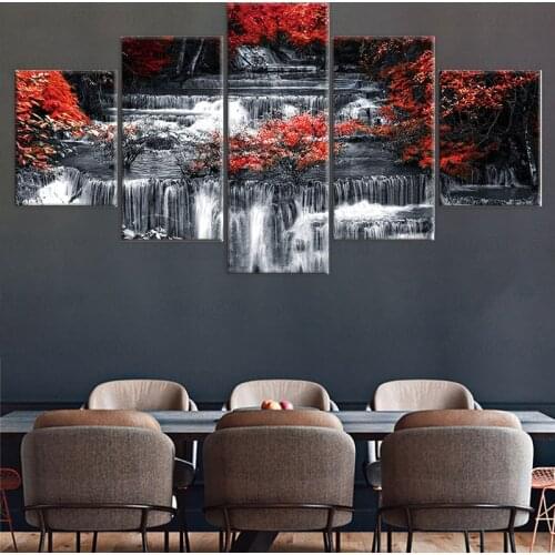 HD Prints Posters 5 Pieces Waterfall Natural Painting Black White Scenery Wall Art Red Maple Pictures Living Room Home Decor