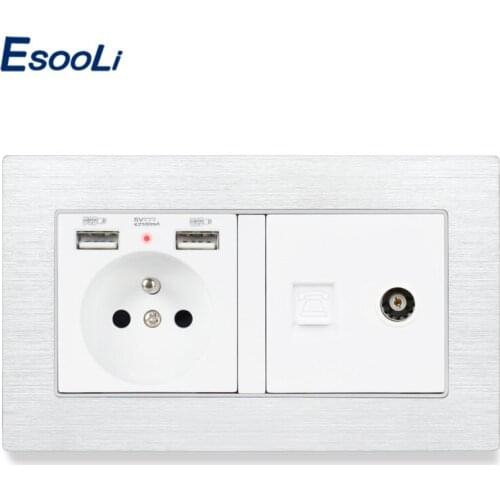 ESOOLI Aluminum Brushed Panel French Standard Socket with 2 USB Charge Port +Female TV Connector and RJ11 Telephone Connector