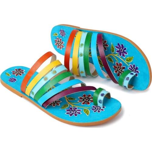 Soft Woman Slippers Sandals Summer Shoes Woman Retro Sandals Vintage Bohemian Breathable Comfortable Genuine Leather Printing