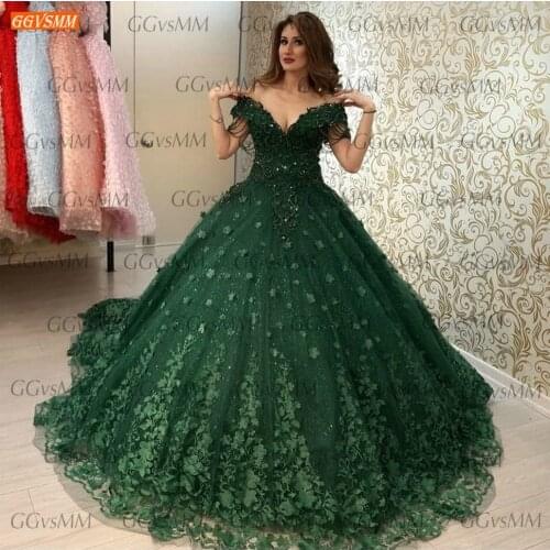 Sexy Green Evening Dresses 2020 Lace Appliqued 3D Flowers Ball Gown Women Dress Party Long Formal Custom Made Vestidos De Fiesta