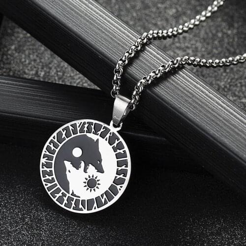 Wolf Sun Moon Stainless Steel Norse Vikings Pendant Necklace For Woman Ma Jewelry Necklace