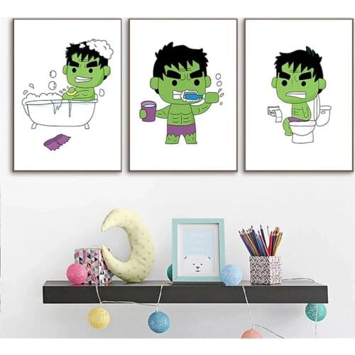 Funny Hulk Brushing His Teeth in a bath Art Poster on the Wall Cartoon Marvel Superhero Canvas Painting Art Pictures Home Decor