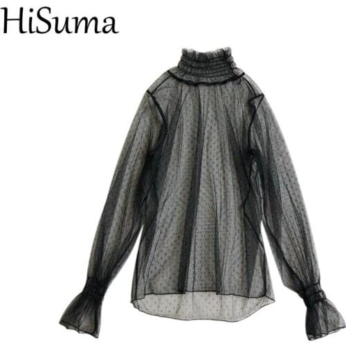 HISUMA Women Autumn Flare Sleeve Polka Dot Lace Mesh Gauze Basic Ruffles Shirt Elegant Lady Elastic Slim Pullover Blouse Tops
