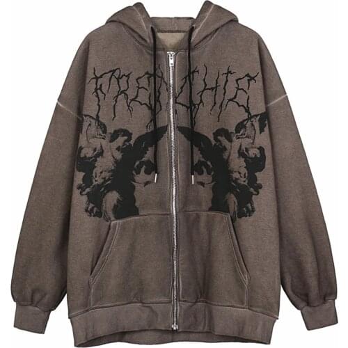 Vintage Angel Print Oversized Hoodies Female Zip Up Long Sleeve Womens Sweatshirt Y2K Aesthetic Autumn Winter Grunge Streetwear