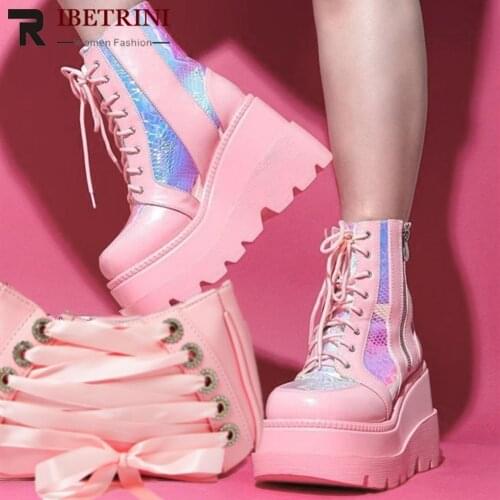 Womens Fashion Hot Sale Short Ankle Pink Boots Sweet Cute Platform Wedges Goth Boots Zipper Lace Up Shoes Woman Brand New Casual