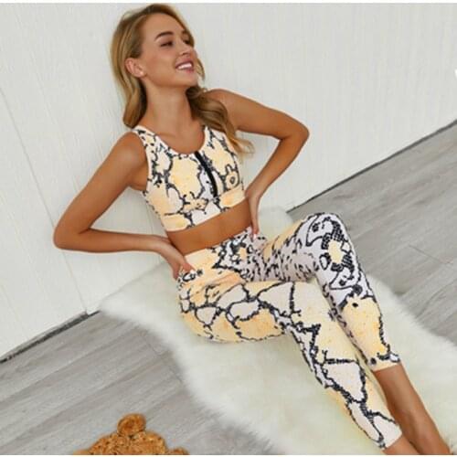 Snake Printed Sport Suit Women Running Clothing Two Piece Set High Waist Yoga Pants And Zipper Sports Bra Gym Fitness Yoga Set