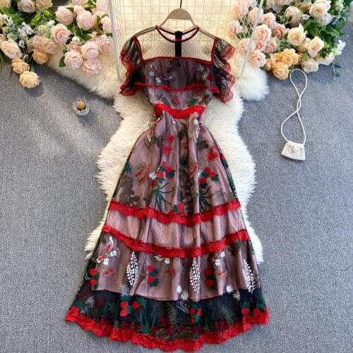 Womens spring summer runway fashion flower embroidery mesh dress female sexy short sleeve chic travel beach mesh dress TB1470