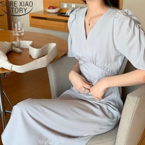 Fashion V-neck Summer Midi Long Dress Korean Chic Dress Women Elegant Pleated Dress Short Sleeve Dresses Vestidos Robe 14219