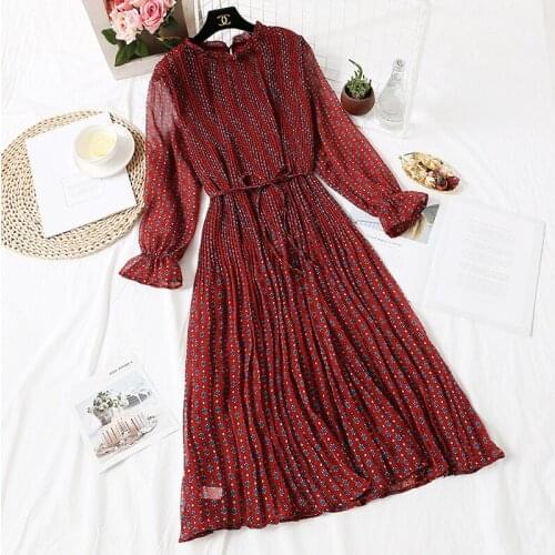 Spring Autumn Women Chiffon Dress Floral Long Sleeve Midi Dress Casual Stand Neck Floral Party Dress Female Sweet Dress Vestidos