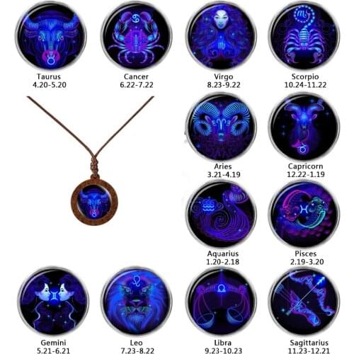 Zodiac Signs 12 Constellations Glass Wood Pendant Necklace Woman Men Birthday Christmas Gift Wholesale Fashion Jewelry