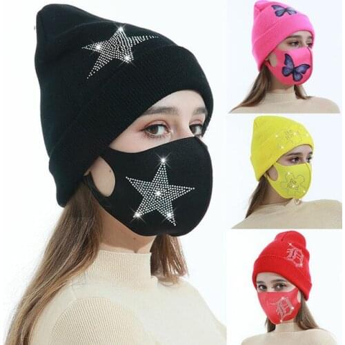2020 High Quality Creative Pure Color Wild Knitted Hat Butterfly Sticker Hot Rhinestone Ice Silk Mask Keep Warm Skullies Beanies