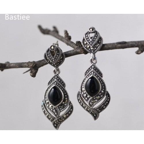 Bastiee Silver 925 Jewelry 925 Sterling Silver Earrings Dangle Earrings Vintage Inlaid Red Agate Korean Earrings Silver