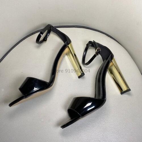 Stylish Women Sandals Patent Peep Toe Gold High Heels Black Sandals Shoes Summer Woman Cheap Price Shoes