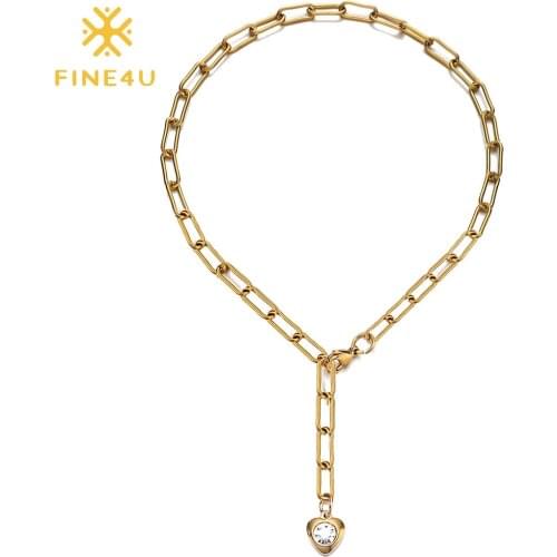 FINE4U N776 Gold Color Paperclip Chain Choker Satellite Chain Heart Rhombus Pendant Necklace Dainty Jewelry for Women
