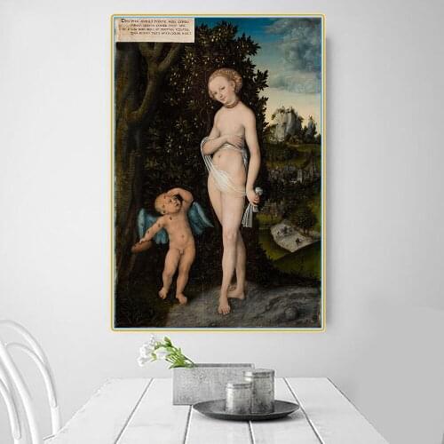 Citon Canvas Oil Painting Lucas Cranach《Venus with Cupid》Artwork Poster Picture Wall Decor Modern Home Living room Decoration