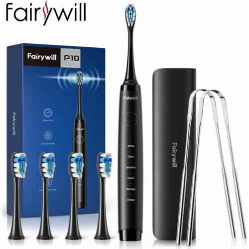 Fairywill Electric Toothbrush P10 Toothbrush 5 Modes Rechargeable Timer 4 Brush Heads 2 Tongue Scraper 1 Travel Case for Adults