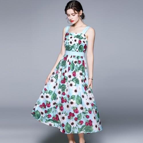 JSXDHK Designer Runway Summer Boho Holiday Dress 2021 Women Spaghetti Strap Tulips Flower Printed Female Elegant Maxi Long Dress