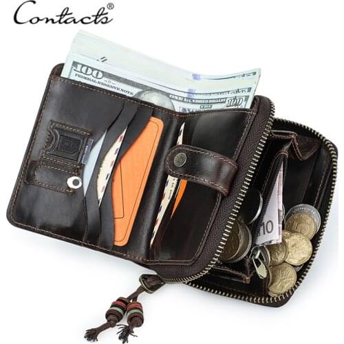 CONTACTS Leather Men Purse Casual Portfolio Genuine Leather Wallet Small Card Holder Money Bag Luxury Brand Male Coin Purses