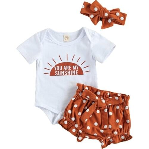 Toddler Infant Baby Girls Summer Outfits O-neck Short Sleeve Sun Print Bodysuit + High Waist Dots Short Pants + Headband Set
