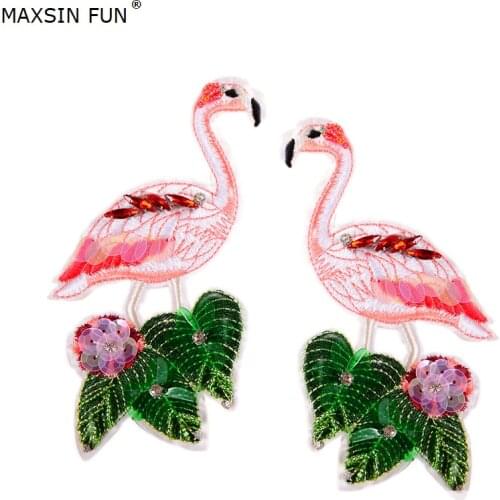 Maxsin 1 PC Hand drilled flamingo cloth stickers sew sequins diamond embroidery paste clothing patch pink iron on bird patch