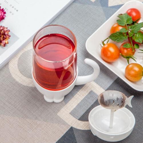Cute Glass Cup Tea Cat with Fish Filter Strainer Glass Cup Tea Infuser Filter Mug Home Office Container